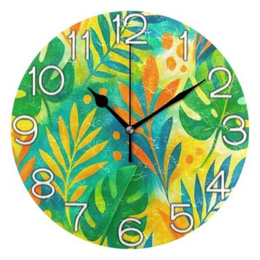 Imagem de GAIGEO Relógio de parede analógico decorativo escritório cozinha relógio estético silencioso sem tique-taque, sala de estar decoração de parede moderna folha colorida verde laranja, 25 cm, ponteiros