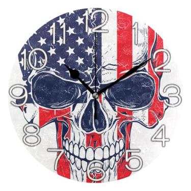 Imagem de GAIGEO Relógio de parede analógico decorativo operado por bateria relógio de cozinha rústico, retrô moderno art déco decoração de parede bandeira americana caveira legal, 25 cm, ponteiros pretos