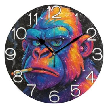 Imagem de Relógio de parede analógico decorativo colorido estilizado Gorilla relógio de cozinha bonito redondo sem tique-taque silencioso, decoração de parede moderna para sala de estar, 25 cm, ponteiros pretos