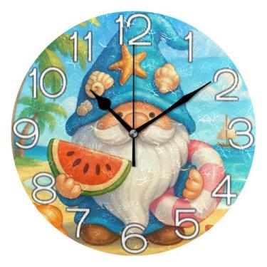 Imagem de GAIGEO Relógio de parede analógico decorativo funky alimentado por bateria relógio de escritório cozinha, arte de parede boho decoração de casa, desenho animado de praia de gnomo fofo, 25 cm