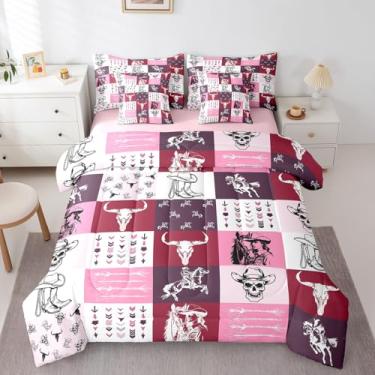 Imagem de Feelyou Conjunto de cama king size asteca ocidental rosa asteca selvagem caubói caubói selvagem conjunto de edredom com lençol para decoração de crianças, meninos, meninas, cavalo, touro, caveira