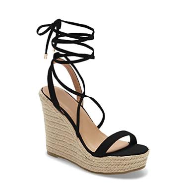 Imagem de Sandálias femininas plataforma anabela, alpargata, cadarço, tornozelo, tiras cruzadas nas costas, amarradas nas costas, sapatos de salto de verão, Preto, 6