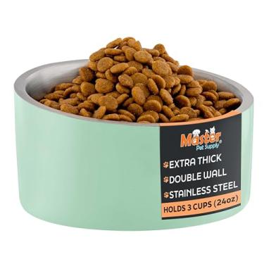 Imagem de Master Pet Supply Tigela inclinada de aço inoxidável para ração para cães e gatos – resistente de 680 g – Pistache, parede dupla, tigela elevada antiderrapante para buldogues franceses e gatos