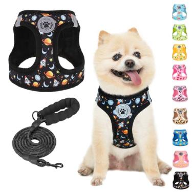 Imagem de BEAUTYZOO Step in Conjunto de coleira e coleira para cães, refletivo, antipuxão, não engasga, para cães pequenos, médios e gatos, colete de malha acolchoada macia para meninas e meninos, planeta preto