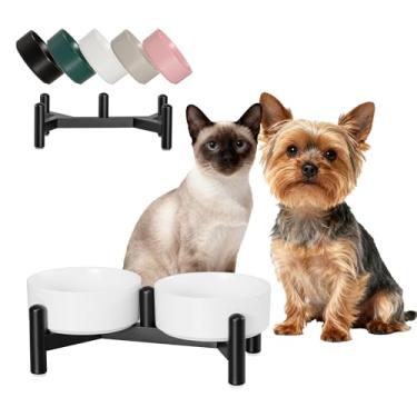 Imagem de Conjunto de tigelas elevadas de cerâmica para cães - Pratos duplos elevados com suporte de aço inoxidável - Tigelas de comida e água para cães pequenos e gatos internos - cada uma comporta 1,6 xícaras