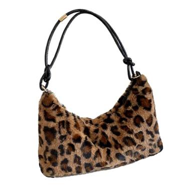 Imagem de Bolsa de ombro feminina estilo leopardo marrom felpuda macia bolsa transversal fecho de zíper festa diária, Marrom