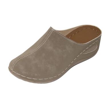 Imagem de Sandálias femininas de salto anabela, bico fechado, uma tira, plataforma, casual, sem cadarço para o outono, Caqui, 38