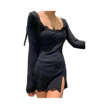 Imagem de Vestido Mini Sexy De Renda Com Mangas Longas E Fenda Para Mulheres, Tr