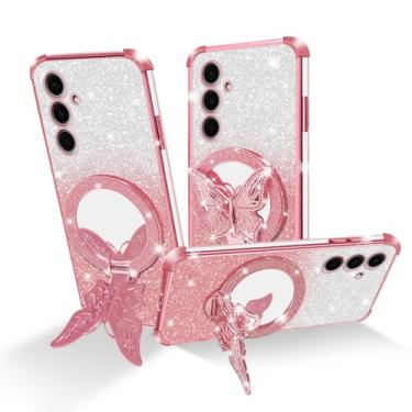 Imagem de Easyscen Capa para celular Samsung Galaxy S24 FE (6,7 polegadas), com suporte de borboleta e 4 cantos de airbag protetora, capa protetora à prova de choque de luxo feminina com glitter - ouro rosa