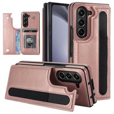 Imagem de Capa carteira para Samsung Galaxy Z Fold 7 com suporte para cartão e compartimento para caneta, capa de telefone resistente de couro dobrável de luxo com fecho magnético (ouro rosa)