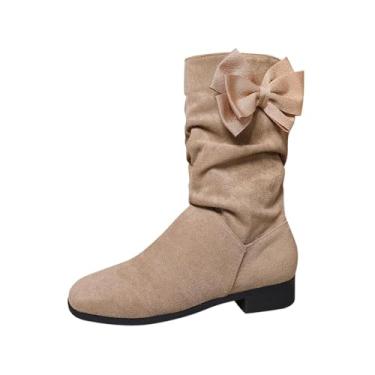 Imagem de Botas de camurça na altura do joelho com bico redondo e salto baixo para mulheres casuais de inverno, Caqui, 34