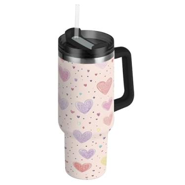 Imagem de ATTX Copo de Dia dos Namorados de 1,134 g com alça, copo de aço inoxidável a vácuo de parede dupla com palha, caneca de café de viagem isolada #485