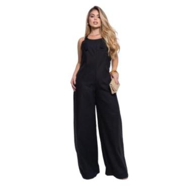 Imagem de Macacão Feminino wide leg Pantalona com botões no linho - Mamu, Preto,