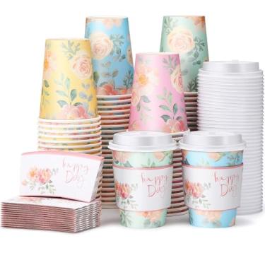 Imagem de Remerry 48 peças de copos de café descartáveis florais de 340 g com tampas e mangas copos de papel isolados para bebida quente para café quente com tampas e mangas para festa, casamento, aniversário