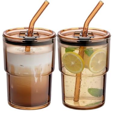 Imagem de MQMCPDS Xícara de café de vidro de 368 g - copo de vidro Matcha com tampas e canudo, copo para viagem, para escritório, festa, acampamento, café gelado, água, suco (Amber-2Pack)