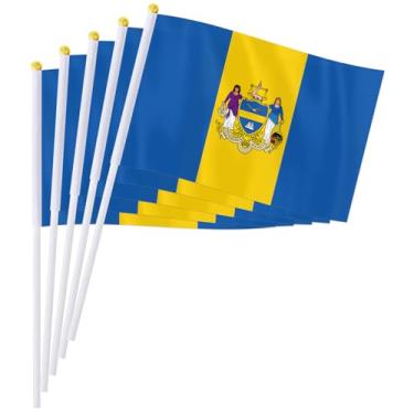 Imagem de PTEROSAUR Conjunto de bandeiras portáteis Philadelphia City, 14 x 20 cm, mini bandeira da Filadélfia para desfiles, festas, celebrações e decoração de casa (pacote com 50)