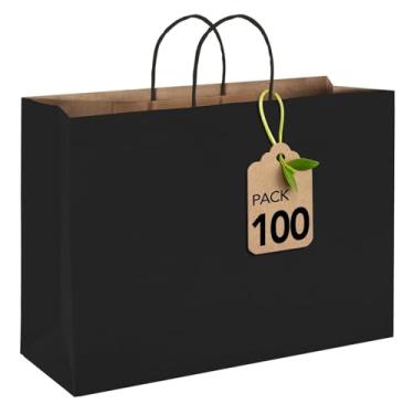 Imagem de MESHA Sacos de presente grandes, 40 x 15 x 30 cm, 100 peças, sacos de papel pretos com alças a granel, sacolas de compras Kraft reutilizáveis para negócios, mercadoria, varejo, mercearia, aniversário