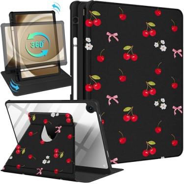 Imagem de Uppuppy Capa para Samsung Galaxy Tab A9+ - Capa inteligente com suporte giratório de 360 graus com suporte para lápis para mulheres e meninas, cereja e laço para tablet Samsung A9 Plus de 11 polegadas
