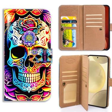 Imagem de Bcov Capa para Galaxy S23 Ultra, Colorida Mandala Crânio Flores Multifunções Couro Capa Flip Capa Carteira com Vários Slots de Cartão Bolso Alça de Pulso para Samsung Galaxy S23 Ultra