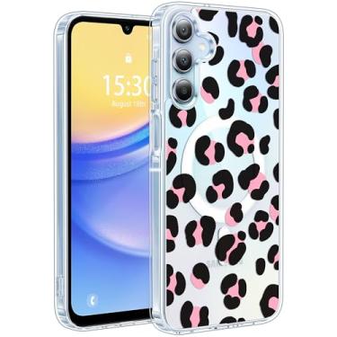 Imagem de Jkvare Capa para Samsung Galaxy A15 compatível com MagSafe, capa protetora magnética sem fio com padrão estético cristalino para mulheres e meninas - leopardo rosa