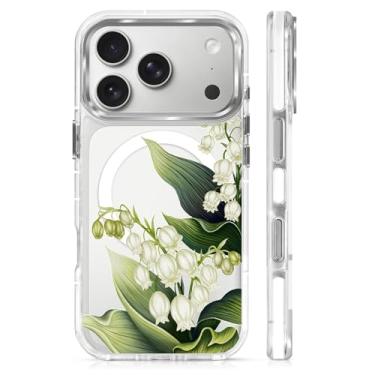 Imagem de Goodsprout Capa para iPhone 17 Pro Max, compatível com MagSafe. O silicone TPU transparente protege a capa de telefone de quedas, escorregões e impressões digitais. Flores verdes do sino de vento