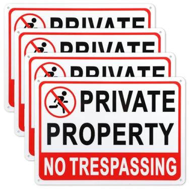 Imagem de Pacote com 4 placas grandes sem invasão de propriedade privada, placa de metal de alumínio sem ferrugem, placa de proteção externa à prova de intempéries para casa, quintal, 18 x 25 cm