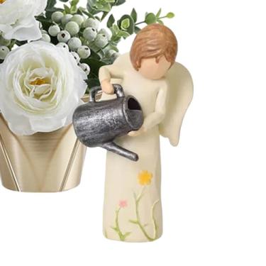 Imagem de Estatueta de anjo de jardim com regador, estatueta de resina ao ar livre, estátua de resina com design floral, 12 cm de altura, bege e marrom, decoração de casa ao ar livre para jardim e varanda