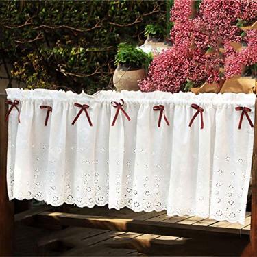 Imagem de Cortinas de cozinha cortina de café cortina de cozinha renda café cortina curta cortinas de rede transparente feito à mão estilo rural americano, decoração de laço de fita 150 cm (L) x 40 cm (A)-A
