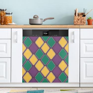 Imagem de ATTX Capa magnética para lava-louças Mardi Gras Argyle | Adesivo decorativo de eletrodomésticos de 58 x 66 cm para armários domésticos e eletrodomésticos (223)