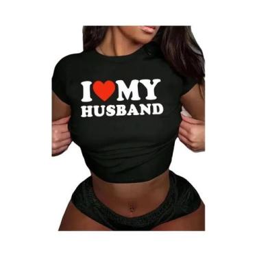 Imagem de Camiseta Cropped Feminina Com Estampa 'Eu Amo Meu Marido' Gola Redonda