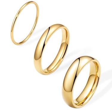 Imagem de Anéis de aliança de ouro para mulheres e homens, não mancham, conjunto de anéis banhados a ouro 14K delicado para casais, simples, simples, simples, fina, promessa, domo, polegar, rosa, empilhável, 1