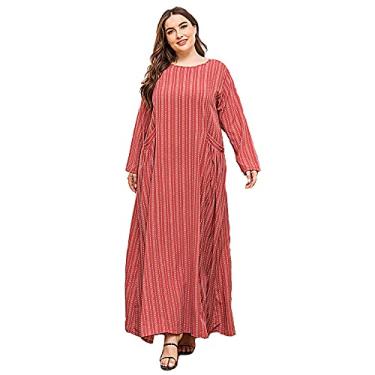 Imagem de 3FLQOOPP Vestidos maxi femininos listrados vermelhos plus size com saia longa manga comprida (vermelho 4X)