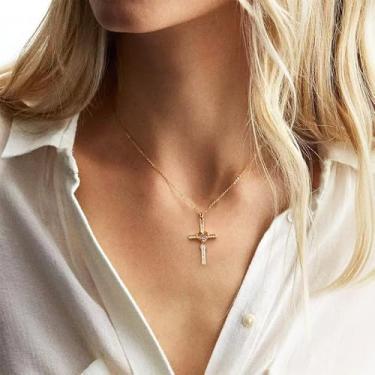 Imagem de Colar feminino com pingente infinito de coração de cruz de cristal banhado a ouro 14 K, corrente gargantilha de aço inoxidável ajustável, moda delicada, joia de aniversário e casamento, 45,7 cm