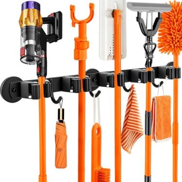 Imagem de Rukinovi Suporte magnético para vassoura de parede com 4 ganchos e 5 prateleiras - Gancho de esfregão antiderrapante resistente para esfregões molhados e ferramentas de limpeza na geladeira, porta de