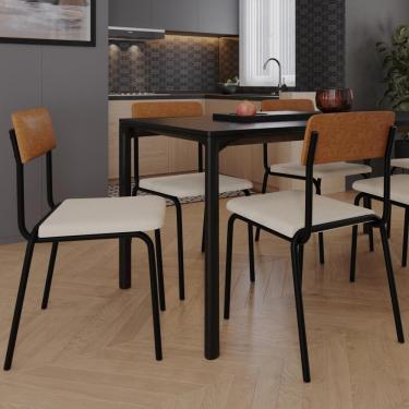 Imagem de Kit 04 Cadeiras Estofada Para Sala De Jantar Sense Preto C01 Linho Palha Courino Caramelo - Lyam Decor