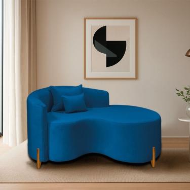 Imagem de Divã Recamier Curvo Sala De Estar Recepção Inglaterra 150cm Pés Madeira Lado Direito Linho Azul Royal