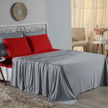 Imagem de Jogo De Cama Casal Nobre 4 Peças Lençol Com Elástico De 30cm De Altura Malha 100% Algodão - Cinza / Vermelho