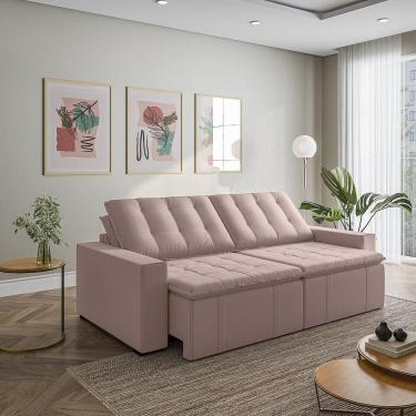 Imagem de Sofá Cama Retrátil e Reclinável 4 Lugares 280cm em Veludo com Molas e Braço Reto Palmeira Cabecasa M Rosa
