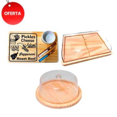 Imagem de OFERTA KIT 3pçs Porta Frios 21X16,5CM, Boleira de Madeira NATURAL tamp