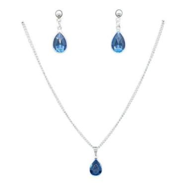 Imagem de Conjunto Colar Brinco zircônia Ponto Luz GOTA AZUL AÇO INOX - ASA