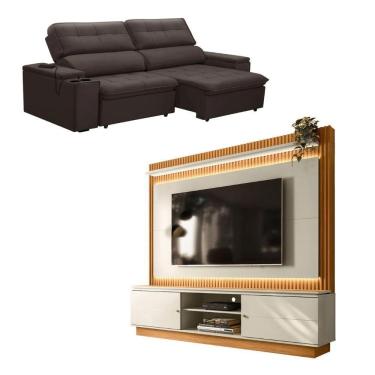 Imagem de Kit Sofá Genebra 3 Lugares Com Estante Home Led Guararapes Café/nature/off White