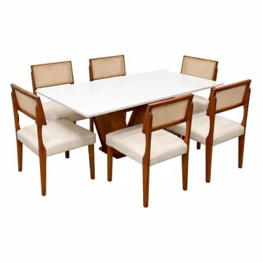 Imagem de Mesa de Jantar Classic 160x80cm com Vidro e 6 Cadeiras Grecia em Linho Madeira Cel Móveis Cor Cinamomo Off White com Tecido Bege
