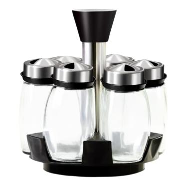 Imagem de Porta Tempero Giratório Inox 6 Potes de Vidro 120ml Premium