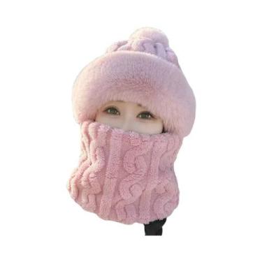 Imagem de Gorro De Inverno Feminino Em Fleece Com Cachecol E Máscara Integrados,