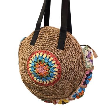 Imagem de Bolsa de Praia Bolsa Artesanal Praia Forrada Redonda Crochê Grande Verão em Palha e Pol...