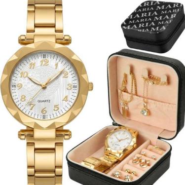 Imagem de Relogio Aco Banhado Feminino + Porta Joia + Colar Pulseira original an