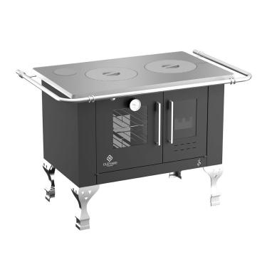 Imagem de Fogão a Lenha com Forno Elegance Chefe N°01 Esquerdo Preto Chapa Alumínio Elevare Industrial