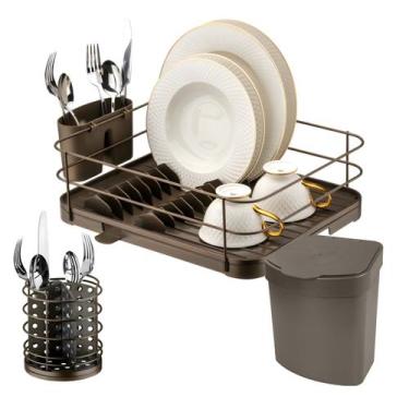 Imagem de Kit Cozinha Lixeira 2,5L + Porta Talher + Escorredor De Louça Bandeja 
