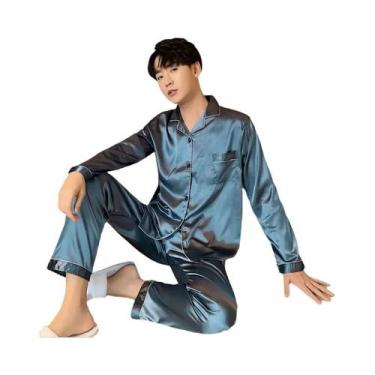 Imagem de Conjunto De Pijamas De Seda Satinada Para Homens, Camisa De Manga Long
