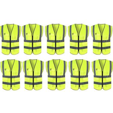 Imagem de Kit 10 Coletes Sinalizadores Refletivos BSL3282-XL Fluorescente Faixas Refletivas Verde Economia Solar